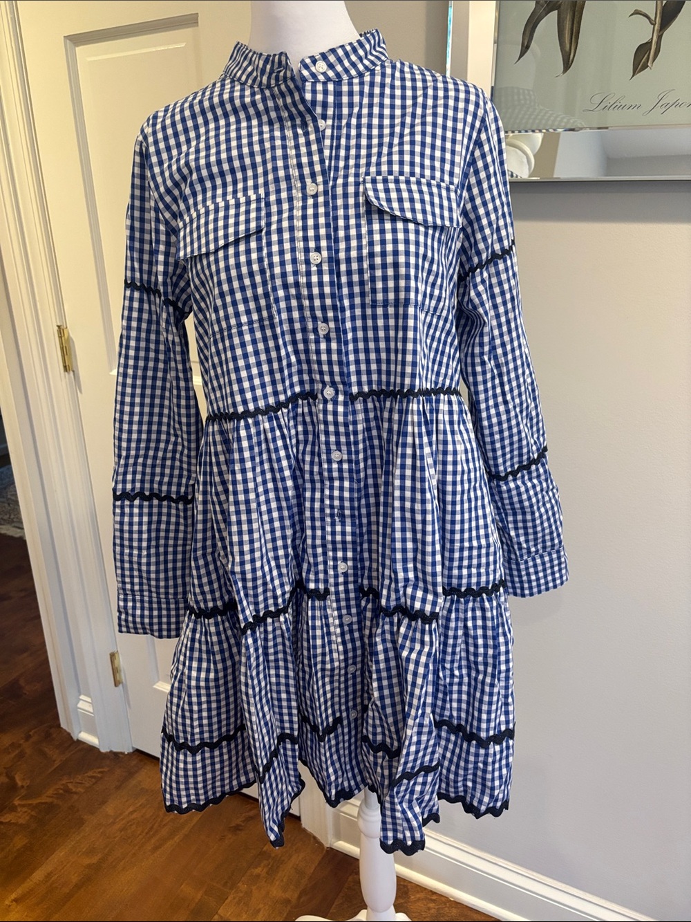 The Shirt by Rochelle Behrens Blue Gingham Tiered Button Shirt Dress